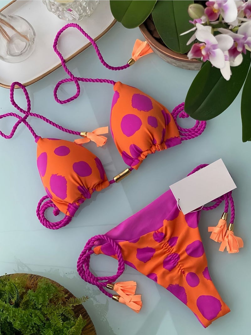 Printed Fabric Rope Bikini Triangle Swimsuit Swimwear - Image 1